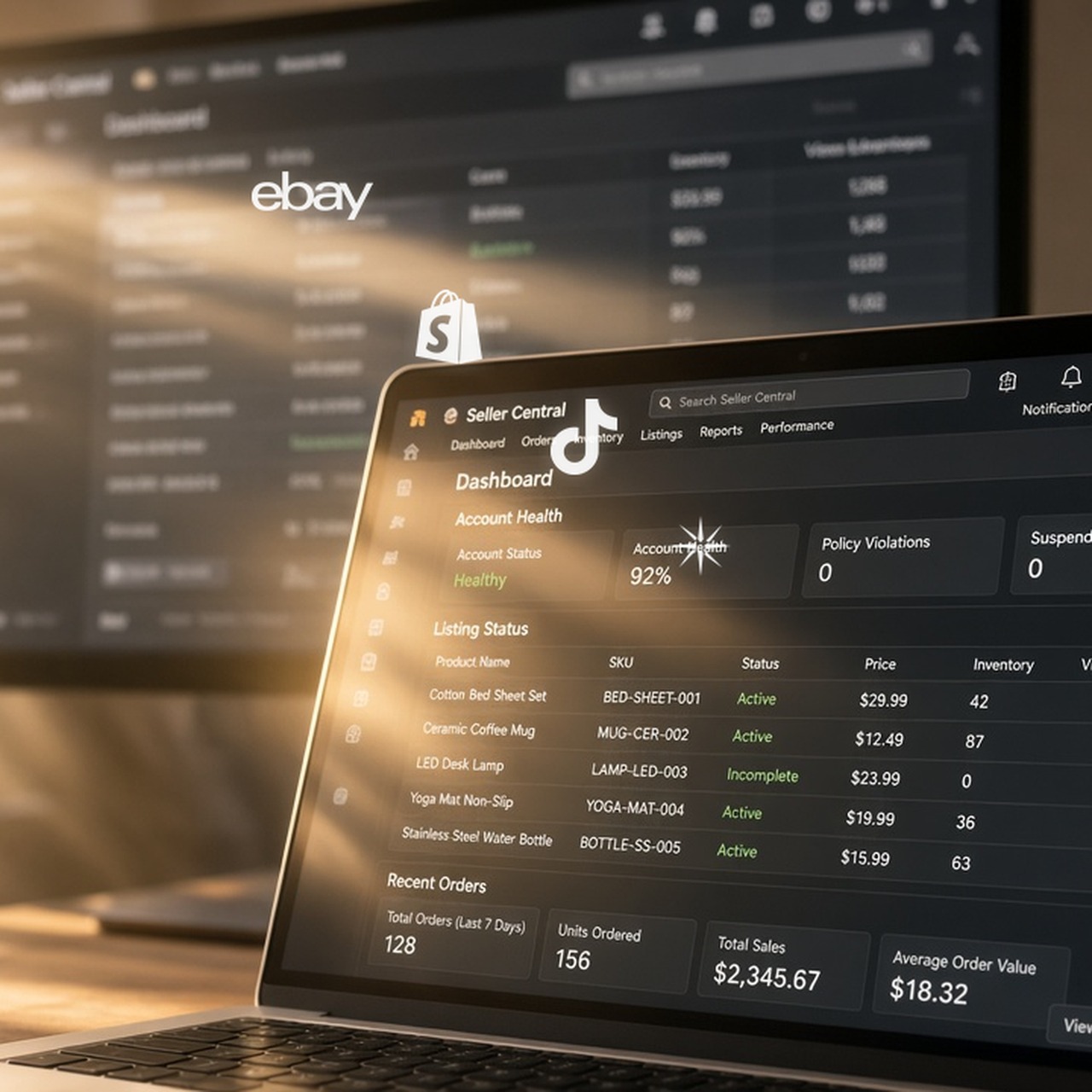 Seller Central dark UI with sunbeams and channel marks across an open desk
