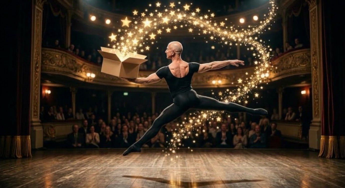Dancer on a stage carrying an open box with gold review stars streaming out